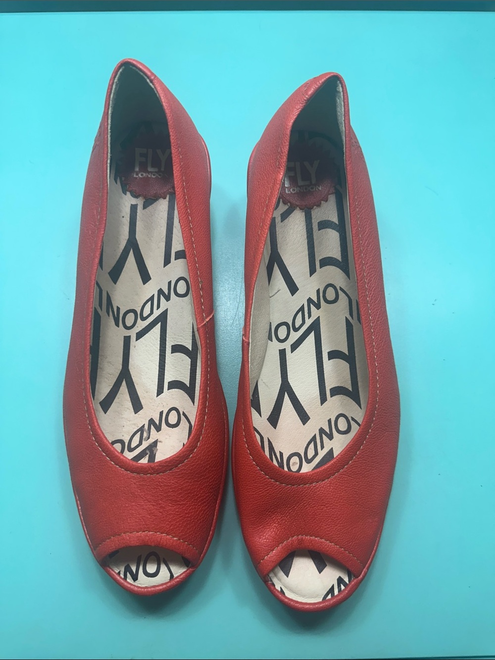 Fly London Red Peep-Toe Leather Flats